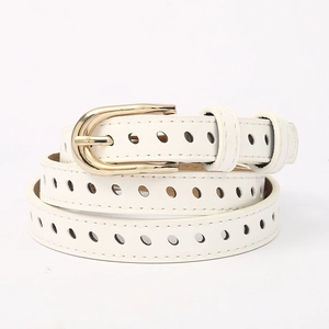 Minimalist white leather belt for women with hollow round holes and gold metal buckle