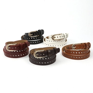 Detail of five multi-color PU leather belts with double row holes and gold buckles