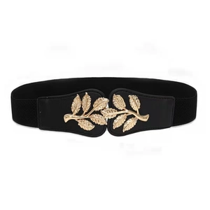 Elegant black elastic waist belt for women with golden metal leaf buckle on white background
