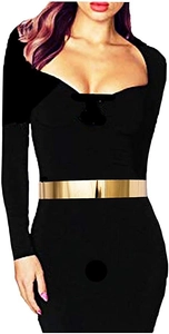 Detail of a sleek gold mirror metal belt on a slim black dress for a minimalist look