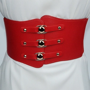 Red wide corset belt with triple gold metal buckles and textured leather for women