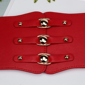 Red wide corset belt with triple gold buckles for women dresses and coats