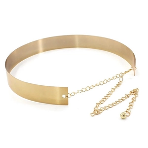 Polished gold metal mirror waist belt with adjustable chain and ball pendant