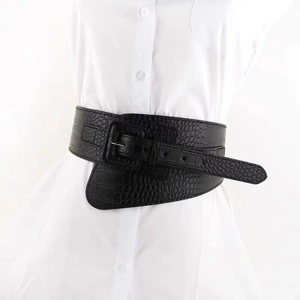 Ceinture large noire pour femme avec texture crocodile et boucle carrée pour robes