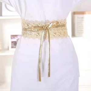Elegant champagne lace waist belt with metallic gold ribbon tie for women's dresses