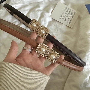 Women Fashion Skinny Belt Faux Leather Artificial Pearl Buckle Adjustable Waist Strap For Dress Elegant Casual Vintage Ladies Waistband