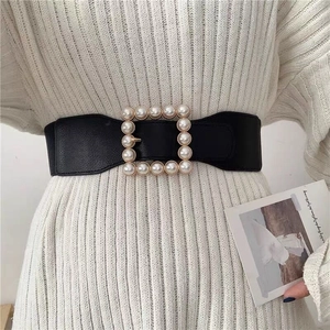 Damen Eleganter Kunstperle Elastischer Breiter Gürtel Mode Quadratische Schnalle Korsett Taillengürtel Für Kleid Mantel Zubehör
