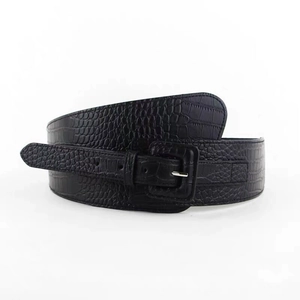 Large ceinture corset noire moderne en cuir embossé crocodile avec boucle carrée