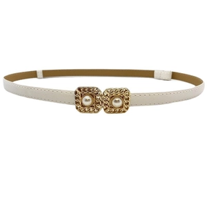 Elegant off-white faux leather belt for women with gold square pearl buckle and chain detail