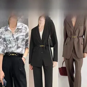 Three style views of a slim women belt with gold rectangular buckle on outfits