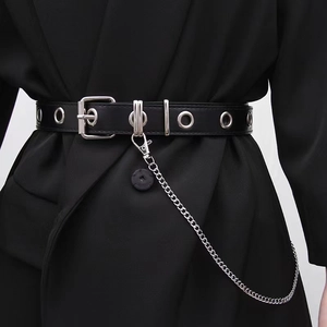 Punk style wide black leather belt with silver eyelets and detachable metal chain