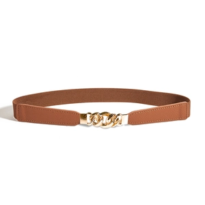 Ceinture élastique marron pour femme avec boucle en métal doré style minimaliste