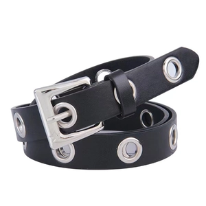 Women's black punk belt with silver metal grommets and square buckle on white background