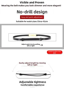 Detail of adjustable black leather thin belt with gold buckle for 55cm to 92cm waist size
