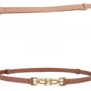 Close-up of a women's slim tan leather belt with a refined golden metal buckle detail