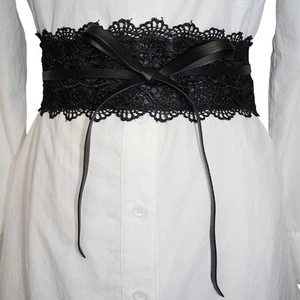 Women's wide black lace corset belt with faux leather bow tie decoration for dresses