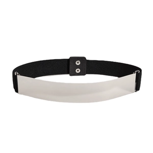 Ceinture élastique pour femme avec plaque décorative frontale en métal argenté poli