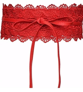 Elegant wide red lace corset belt with decorative ribbon bow tie for women's dresses