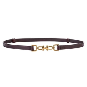 Slim dark brown leather belt for women featuring a minimalist gold interlocking metal buckle