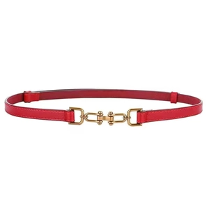 Fashionable slim red leather belt for women featuring a vintage gold double U-shaped buckle