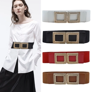 Women's Wide Elastic Corset Belt Gold Interlocking Square Buckle Stretch Waist Cinch Belt For Dresses Coats Fashion Accessories