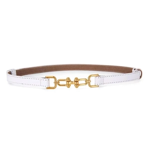 White leather skinny belt for women with interlocking gold U-shape metal buckle