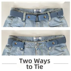 Detail of adjustable blue elastic waist belt shown in two styling methods on jeans