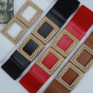 Detail of high-elastic wide belts showing the square gold twisted buckle in four colors