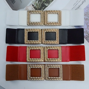 Detail of four elastic waist belts with golden interlocking metal buckles in multi-colors