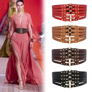 Ceinture Corset Large Vintage Femme Gothique Cuir PU Crocodile Taille Ceinturon Ajouré Rivets Anneau Métallique Elastique pour Robe