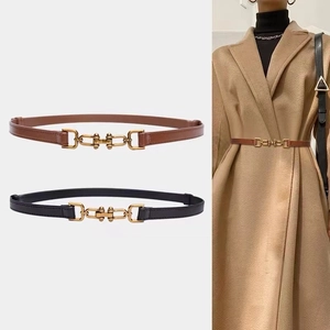 Women Fashion Thin Faux Leather Belt With Metal Double Ring Buckle Adjustable Waistband For Dress Coat Suit Accessories