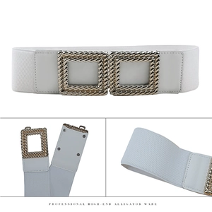 Detail of white elastic waist belt with textured gold double square buckle and snap buttons