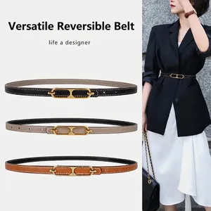 Versatile double-sided leather belt for women with elegant golden oval double-ring buckle