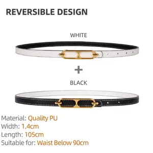 Close-up of 1.4cm reversible thin PU leather belt with golden oval buckle for women