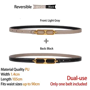 Dual-sided PU leather belt detail showing 1.4cm width and gold oval double ring buckle