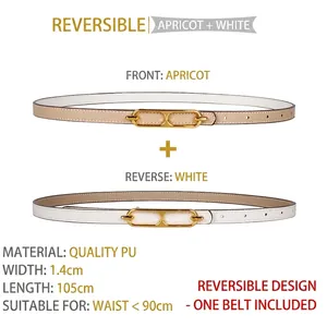 Detailed view of 1.4cm wide double-sided PU leather belt with golden oval buckle