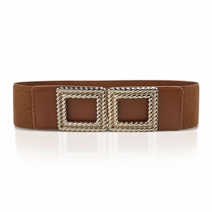 Brown elastic wide waist belt for women with interlocking gold square metal buckle design