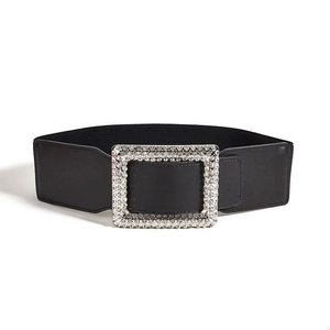 Elastic wide belt for women with a vintage rhinestone-studded rectangular buckle in black