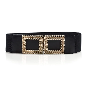 Elastic waist belt for women with elegant golden square interlocking buckle on white background