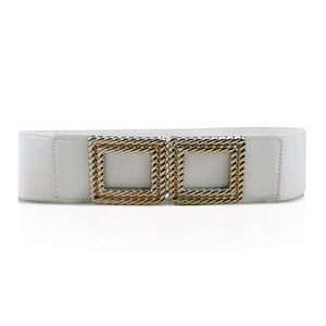 Elastic white belt for women with elegant golden square interlocking buckle detail