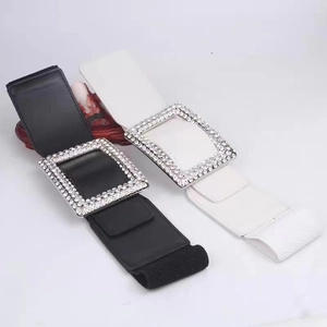 Elastic wide waist belt with rhinestone buckle in black and white styles for coats
