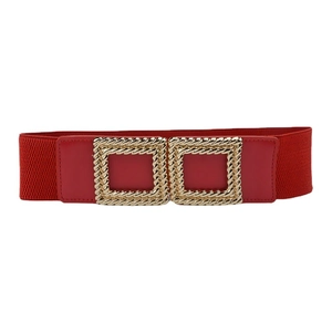 Elastic red waist belt for women with interlocking textured square gold metal buckles