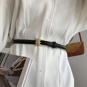 Vintage Thin PU Leather Belt For Women With Gold Alloy Pin Buckle Simple Korean Style Decorative Waistband For Jeans Dress