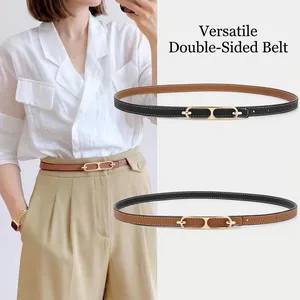 Women's Double Sided Thin Artificial Leather Belt Reversible Waist Band With Smooth Gold Alloy Buckle For Dress Suit Daily Accessory
