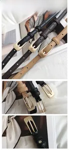 Three thin PU leather belts in black, brown, and khaki with matte gold alloy buckles