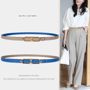Versatile slim women's faux leather belt with golden double ring buckle in light blue