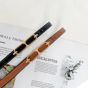 Versatile slim leather belt for women with elegant gold metal buckle in black and brown