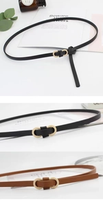 Détail de fines ceintures en cuir pour femmes avec boucle en métal double anneau doré
