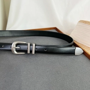 Vintage black leather belt for women with matte silver buckle and metal-tipped end