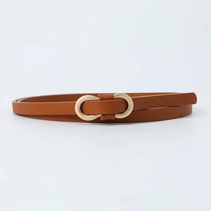 Ceinture fine en cuir marron pour femme avec boucle ovale en métal doré élégante